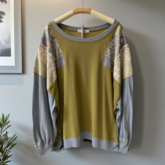 We The Free Free People Women’s Top Olive Green Patchwork Long Sleeve Size L - Picture 2 of 6